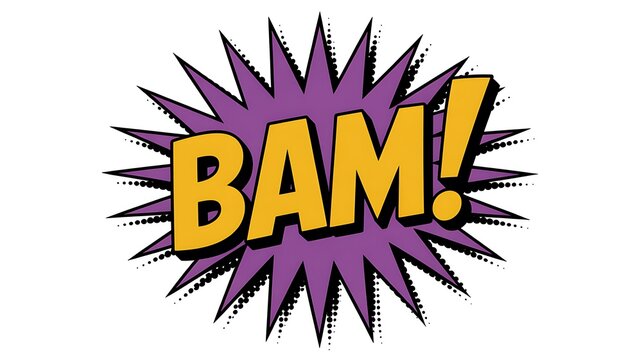 Comic book style BAM explosion speech bubble graphic with yellow text and purple starburst