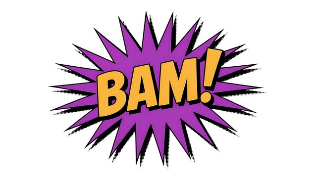 Comic book style BAM explosion speech bubble with bold yellow text on purple starburst