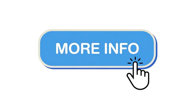 Blue More Info button with a hand cursor clicking for website user interface design