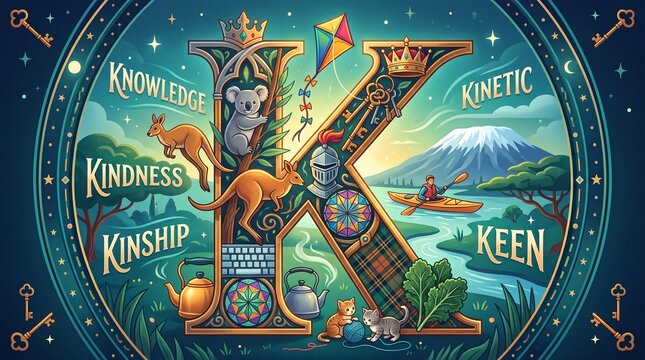 Whimsical Illustrated Letter K with Australian Animals, Nature Scenery, and Positive Virtue Words for Educational Design