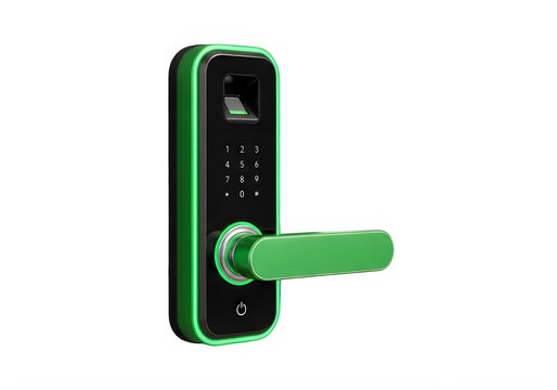 Modern digital door lock with green handle and keypad