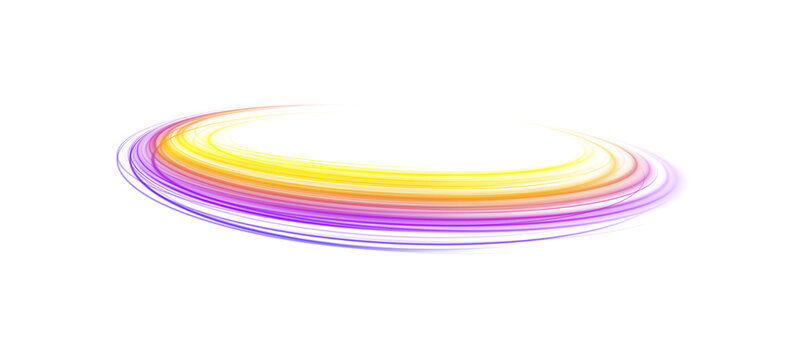 Vibrant neon lines with swirling round trails and glowing energy circles.
