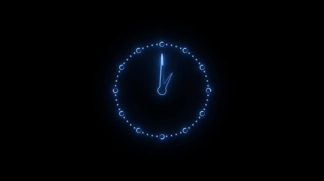 Blue colour neon clock animation icon. Reverse clock animation showing time running. abstract analog clock animation on black background.4k video