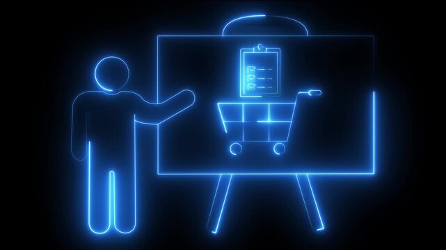Neon business presentation shopping cart and checklist concept for e-commerce marketing