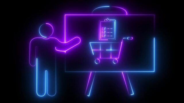 Neon presentation of shopping cart and checklist for e-commerce and business strategy