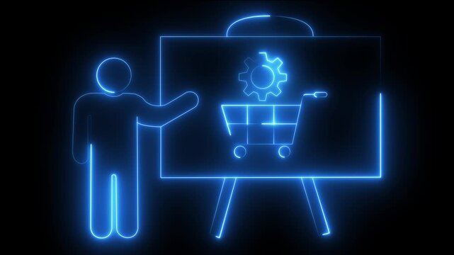 Neon e-commerce strategy presentation with shopping cart and gear symbol