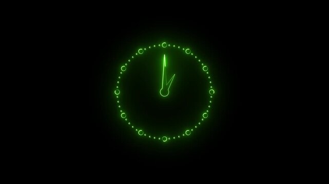 Green colour neon clock icon animation. Reverse clock animation showing time running. abstract analog clock animation on black background