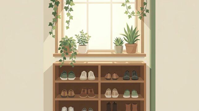 Wooden shoe rack with potted plants in home.