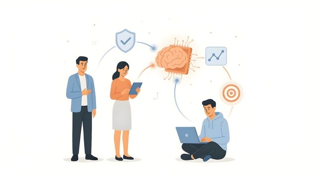 Business Professionals Collaborating with Artificial Intelligence Brain Microchip Technology Vector Illustration