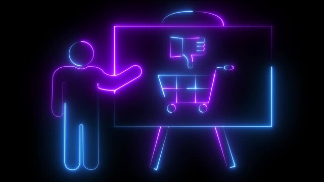 Neon presentation of shopping cart with thumbs down for e-commerce analysis and consumer feedback concepts
