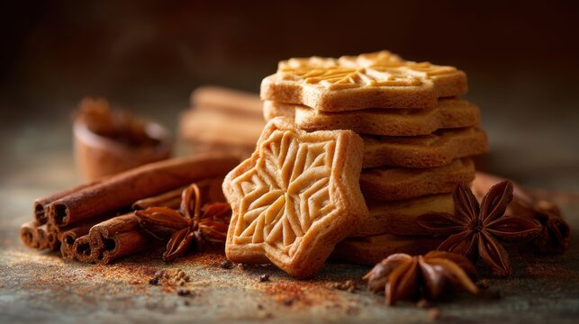 Cookies shaped like stars are stacked with spices around. Warm colors highlight textures and patterns. Scene evokes feeling of cozy baking and festive celebrations