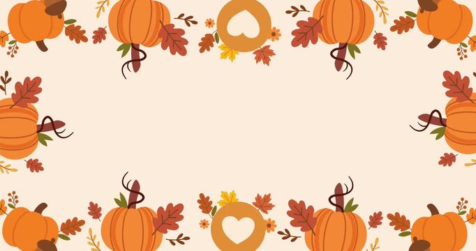autumn harvest pumpkins border frame on light beige background