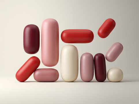 Assorted elongated capsule shapes are arranged in a minimalist 3d rendering capsules