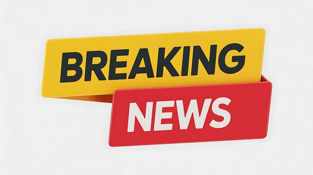 Breaking News text graphic with bold yellow and red banners on a clean white background.