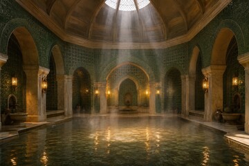 Fototapeta premium Bathhouse interior with arched tiled alcoves and drifting steam