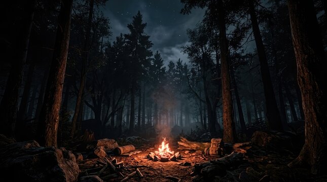 Friends gathered around a crackling campfire in a dark forest at night