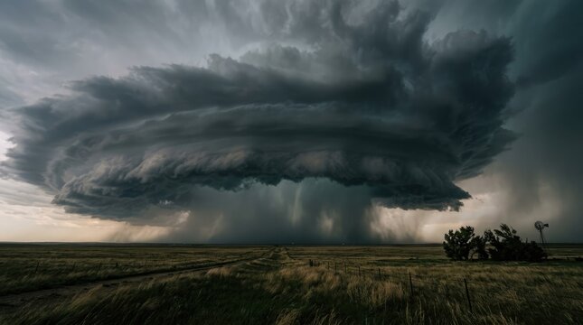Massive supercell thunderstorm forms over open plains during severe weather