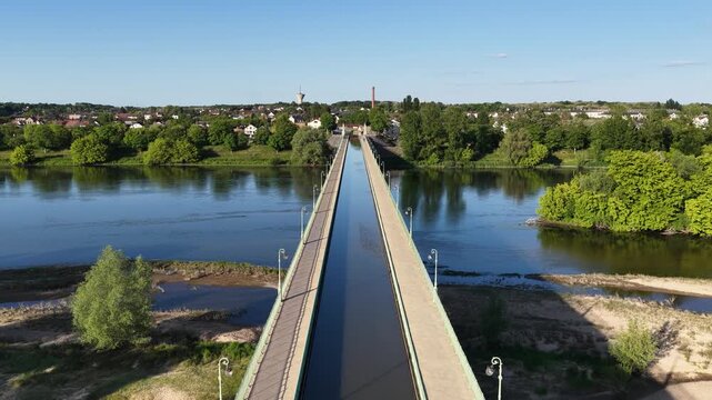 The Pont Canal de Briare, a historic aqueduct bridge carrying a canal over the Loire River in Briare, France, aerial view.