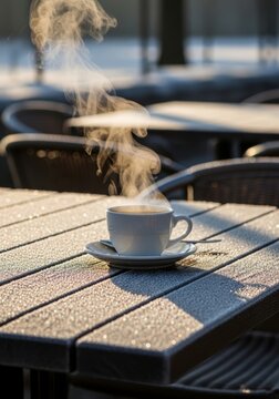 Hot coffee in white cup with steam on frosty wooden table. Morning beverage on terrace in cold day. Winter atmosphere, relaxation and warm drink concept for cafe advertisement.