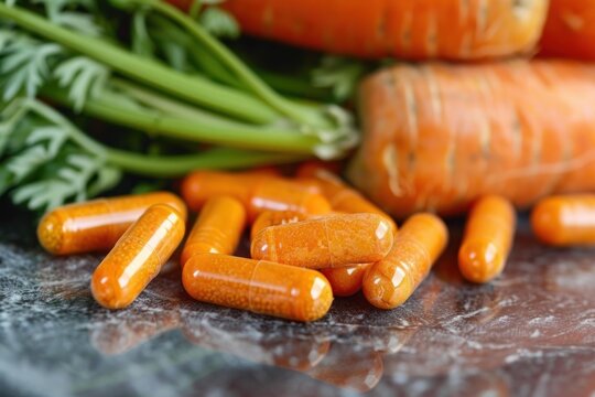 Orange capsules full of beta carotene rich extract lying on a dark surface with fresh carrots