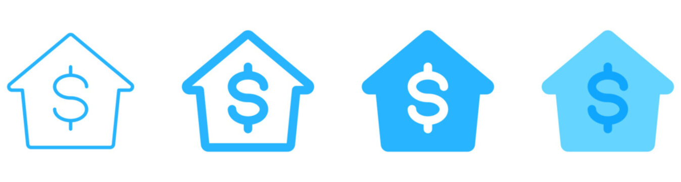 House Price and Real Estate Loan Blue Vector Icons Set | house icon with dollar sign symbol in thin outline style for real estate pricing, property investment, home loan, mortgage, and banking UI