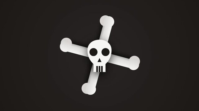 Skull Crossbones Rotating Animation Minimalist Paper Cut Style on Dark Background Loop