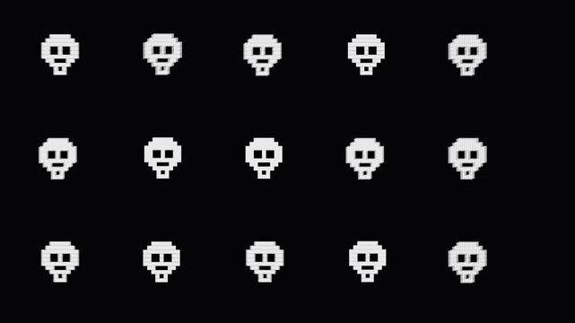 Pixel Art Skulls Grid Retro 8-Bit Animation Minimalist Pulsing Symbols on Black