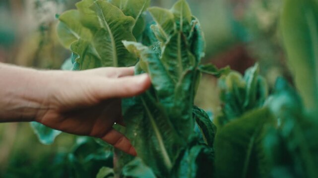 Warm macro glide follows fingertips grazing leafy romaine lettuce plants in a sunlit kitchen garden, evoking homegrown harvest, sustainable farming and fresh salad greens.