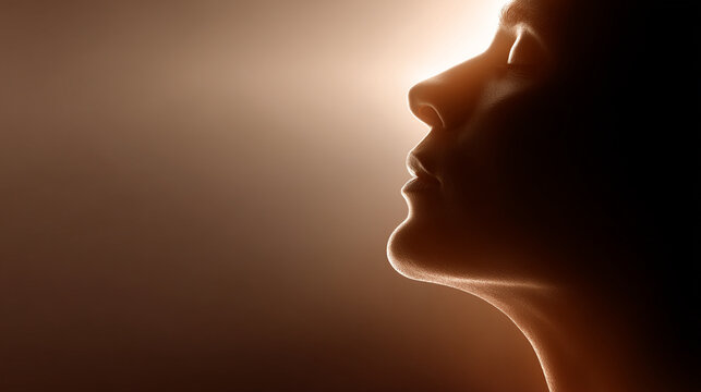 Profile silhouette of a woman looking upward toward warm golden sunlight streaming down