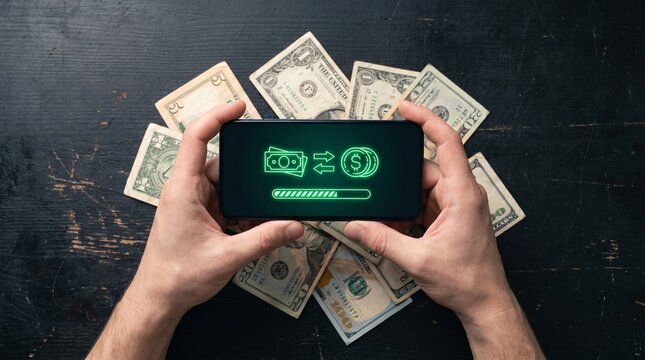 Flatlay composition of a mobile phone digitizing physical wealth for digital asset management usdt
