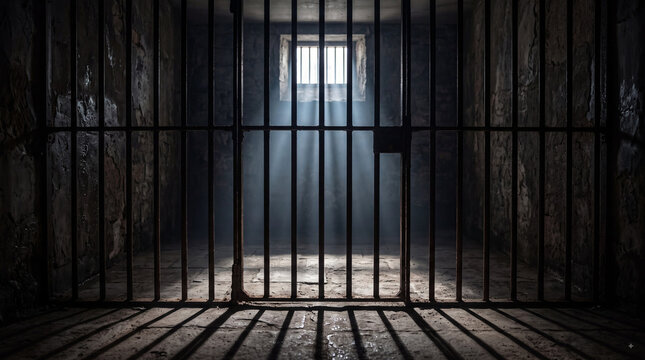 Dark prison cell interior with iron bars, barred window, dramatic light beams and shadows conveying confinement, isolation and justice system themes