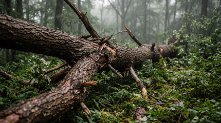 Fototapeta premium Fallen tree with broken branches across a misty forest floor, storm damage in lush woodland undergrowth and natural decay after severe weather