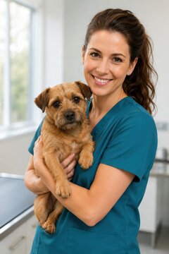 Smiling veterinarian in teal scrubs holding a small terrier in a clinic