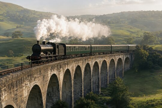 Vintage steam locomotive crossing stone viaduct with white steam