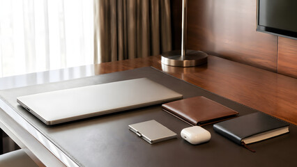 Naklejka premium Executive desk organization workspace laptop notebook wallet case with workspace