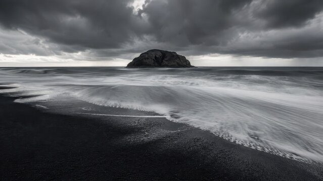 Black sand beach with basalt sea stacks under stormy sky