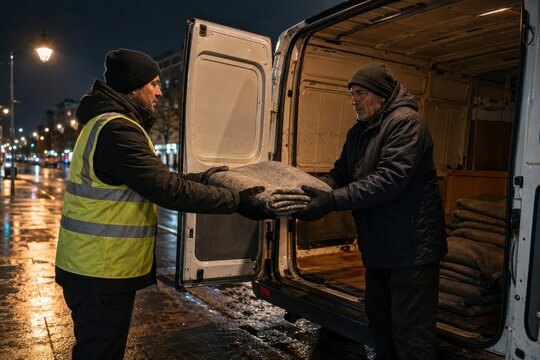 Volunteers handing out blankets from a van on a cold city street at night