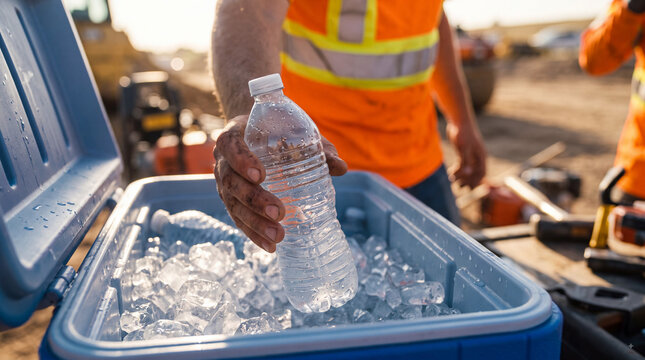 Construction worker taking cold bottled water from ice cooler on hot outdoor job site, hydration and heat safety during summer labor shift break