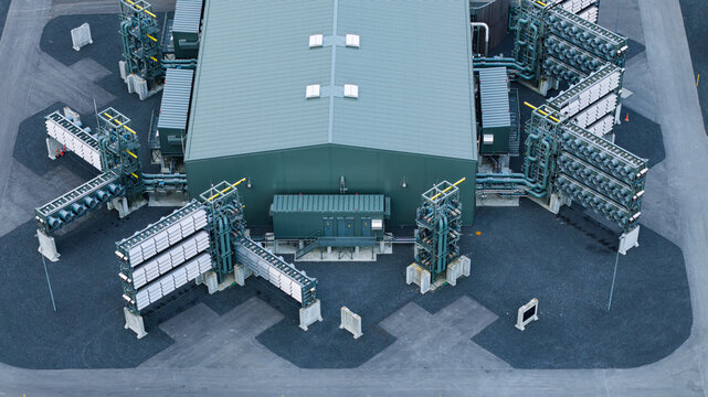 Aerial view of the Direct Air Capture and Storage Plant featuring industrial carbon removal technology and modular fan arrays in Olfus, Sveitarfelagid Olfus, Iceland.