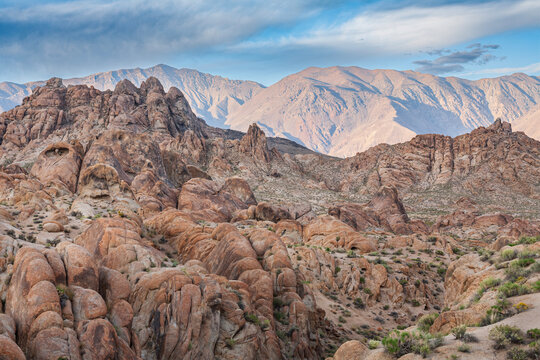 Beautiful wide scenic panorama of rocky desert mountains in Alabama Hills