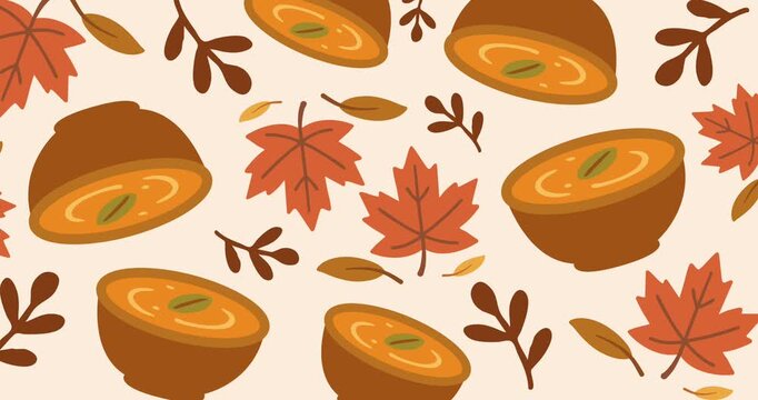 seamless pattern featuring delicious pumpkin soup in ceramic bowls