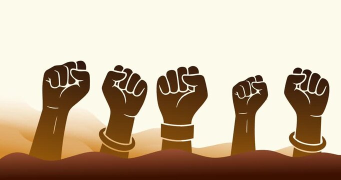 raised fists in solidarity and protest on brown background