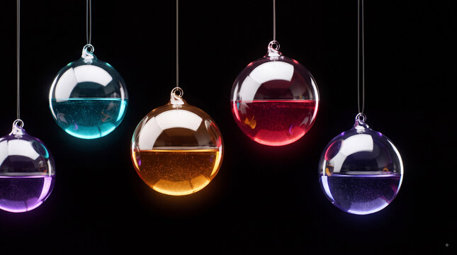 Colorful hanging glass spheres filled with glowing liquid on a black background, elegant abstract still life with reflections, bubbles and festive decor
