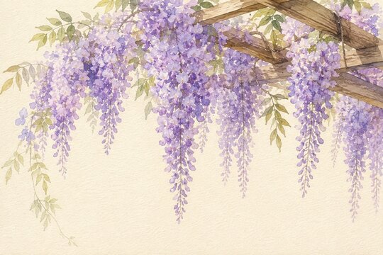 Wisteria blossoms hanging from a pergola watercolor botanical illustration