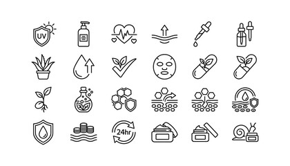 Fototapeta premium Dermatology Skincare Product and Organic Cosmetics Line Icon Set with Snail Mucus Hyaluronic Acid Serum and UV Protection Symbols for Beauty Clinic Websites