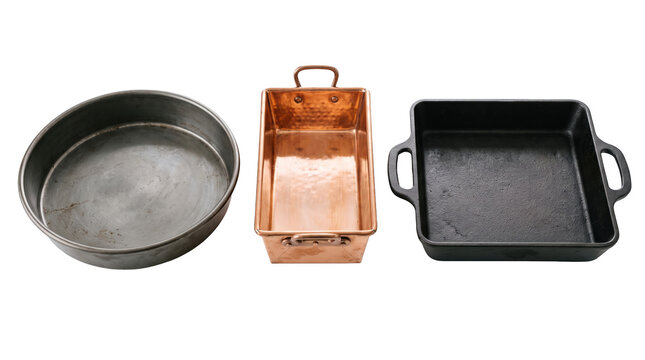 Metal baking tins and steel loaf pans set for culinary pastry ovenware cookware mockup