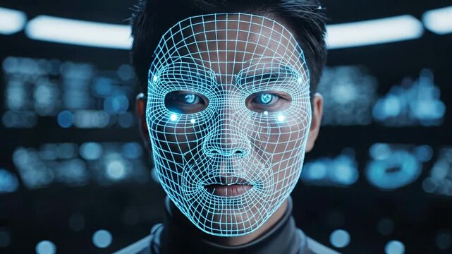 Digital Face Recognition Scanning Asian Man | Futuristic Biometric Wireframe Interface