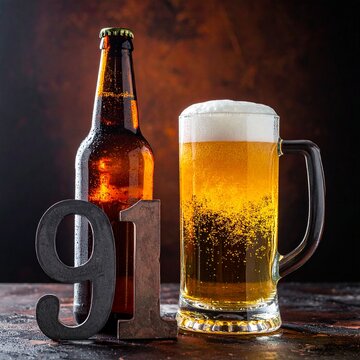 Rustic Beer Bottle and Glass with Number 91 &ndash; Birthday and Anniversary Celebration