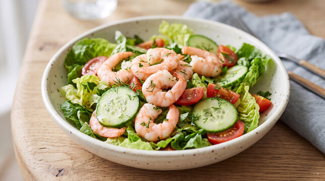 Fresh shrimp salad with cucumber, cherry tomatoes, romaine lettuce and dill in a ceramic bowl on a wooden table, healthy seafood meal closeup