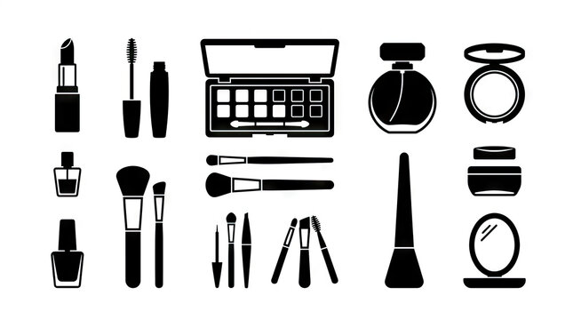 Black silhouette cosmetics and makeup tool icons.